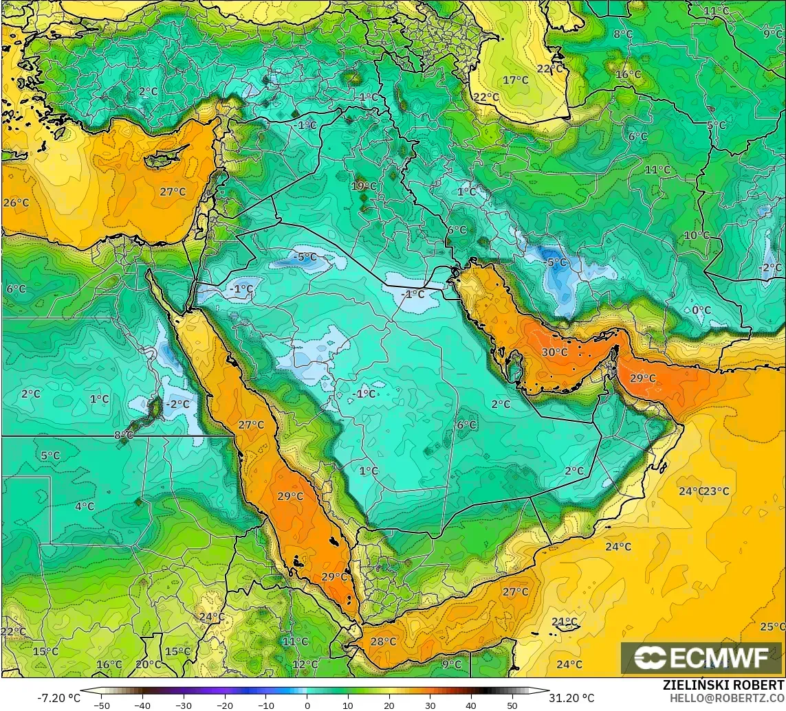 ECMWF IFS 0.25° modelo - Oriente Medio, Punto de rocío a 2 m