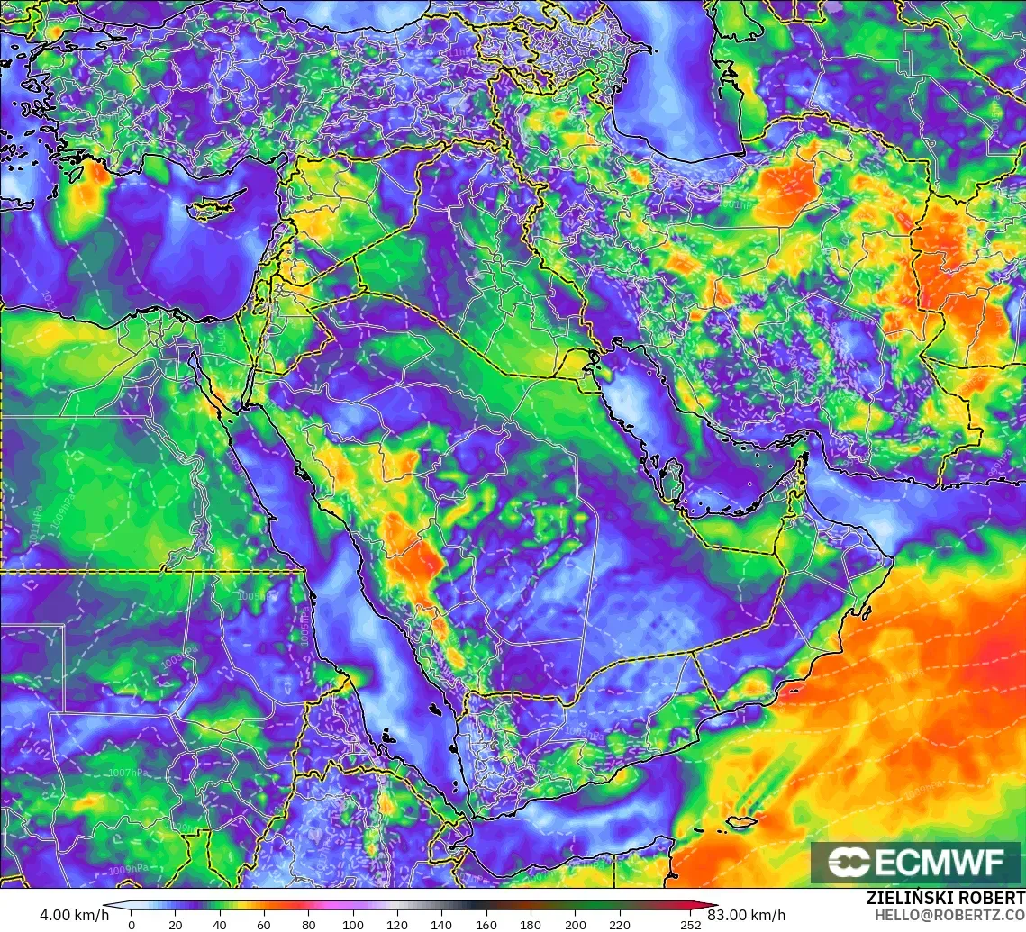 ECMWF IFS 0.25° modelo - Oriente Medio, Ráfagas de viento