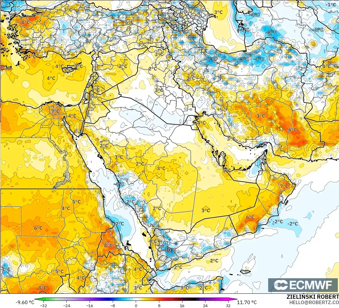ECMWF IFS 0.25° modelo - Oriente Medio, Anomalía de temperatura a 2 m