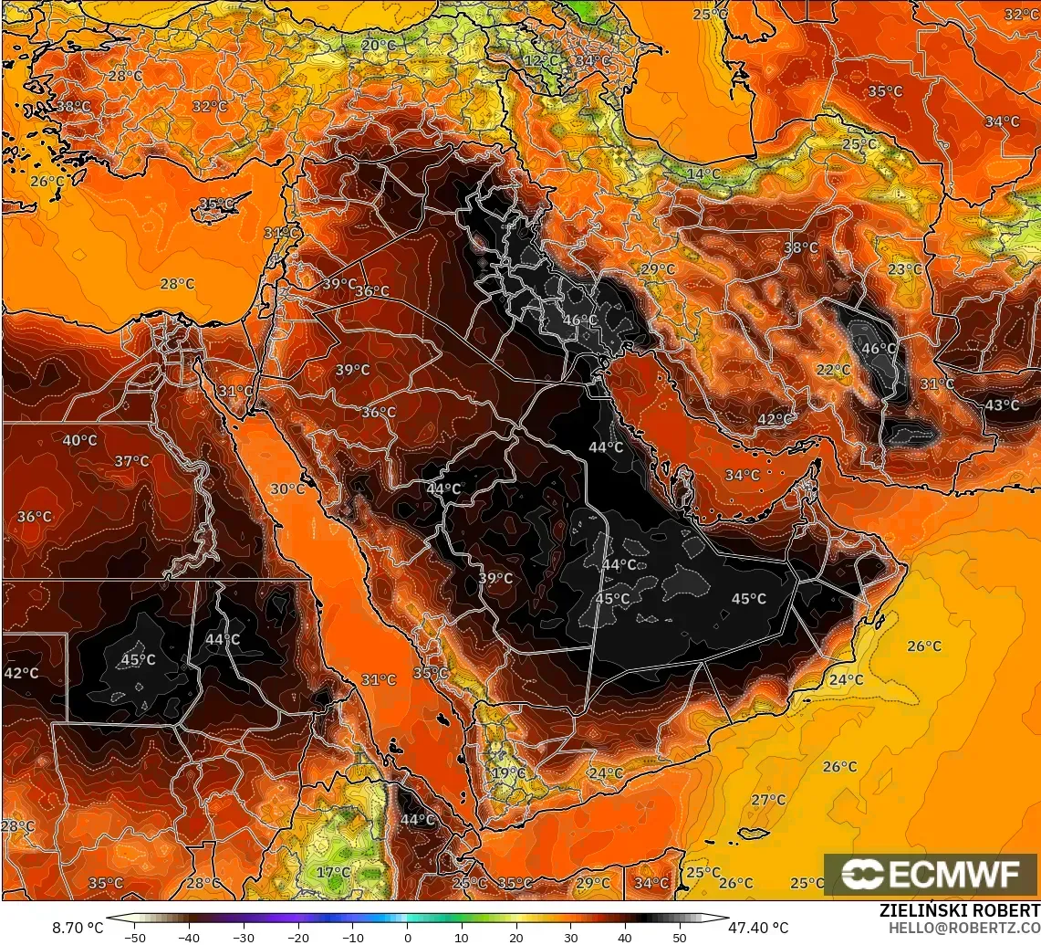 ECMWF IFS 0.25° modelo - Oriente Medio, Temperatura a 2 m