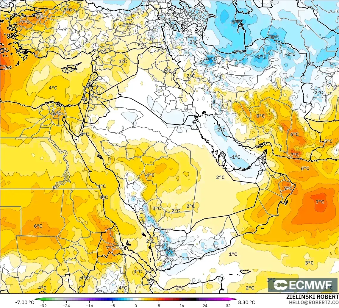 ECMWF IFS 0.25° modelo - Oriente Medio, Anomalía de temperatura a 850 hPa