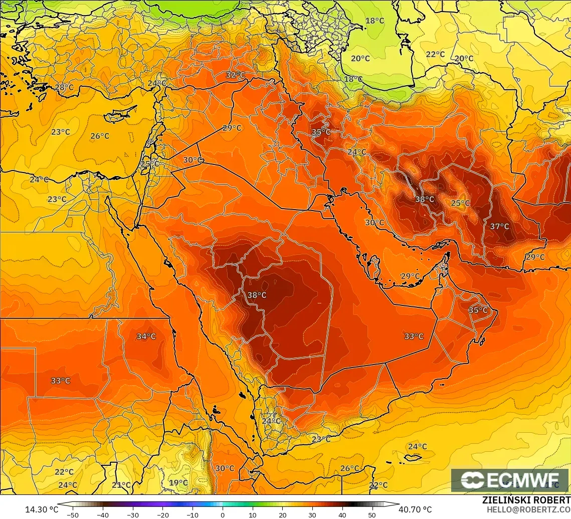 ECMWF IFS 0.25° modelo - Oriente Medio, Temperatura a 850 hPa