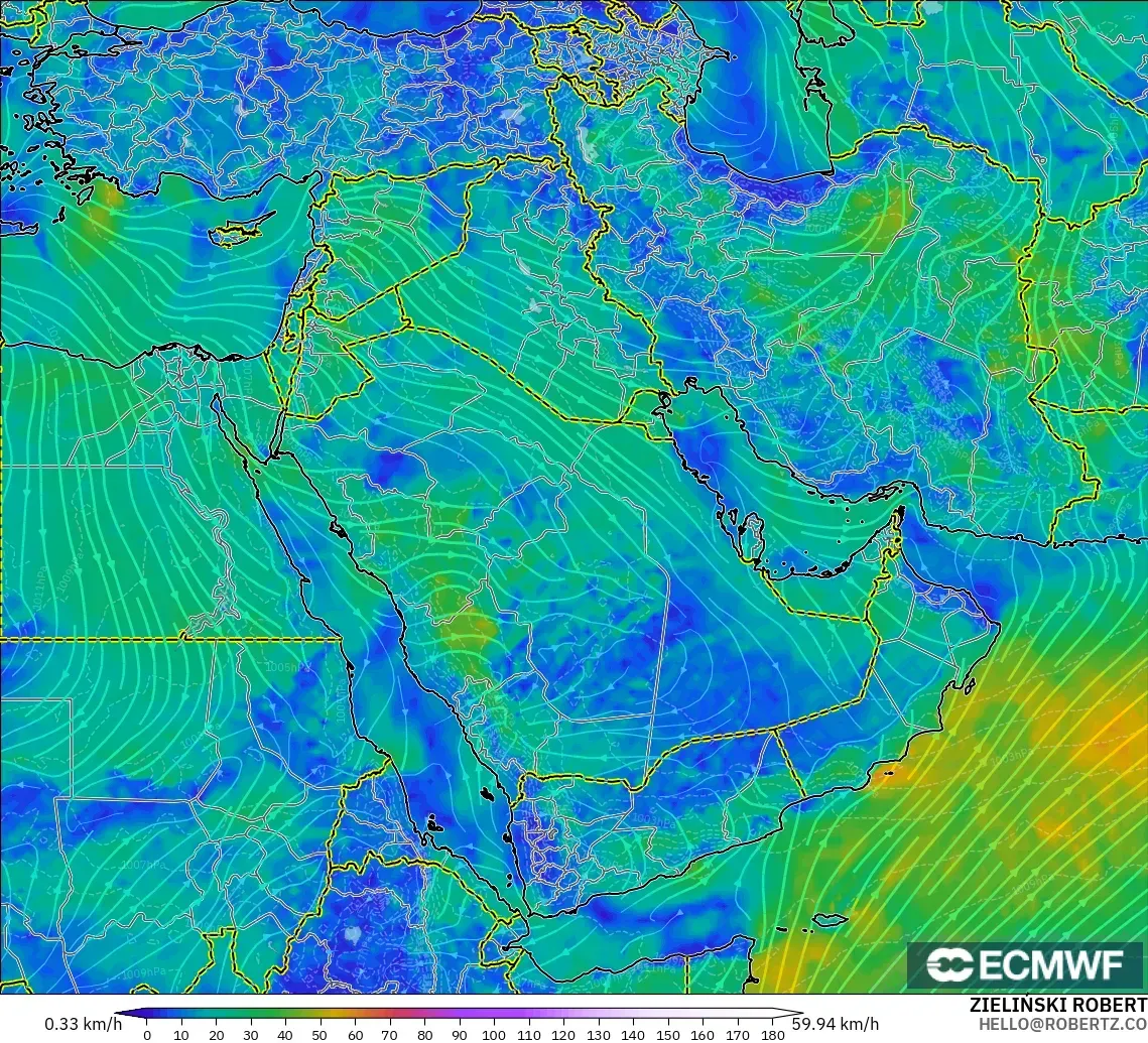 ECMWF IFS 0.25° modelo - Oriente Medio, Viento a 10 m
