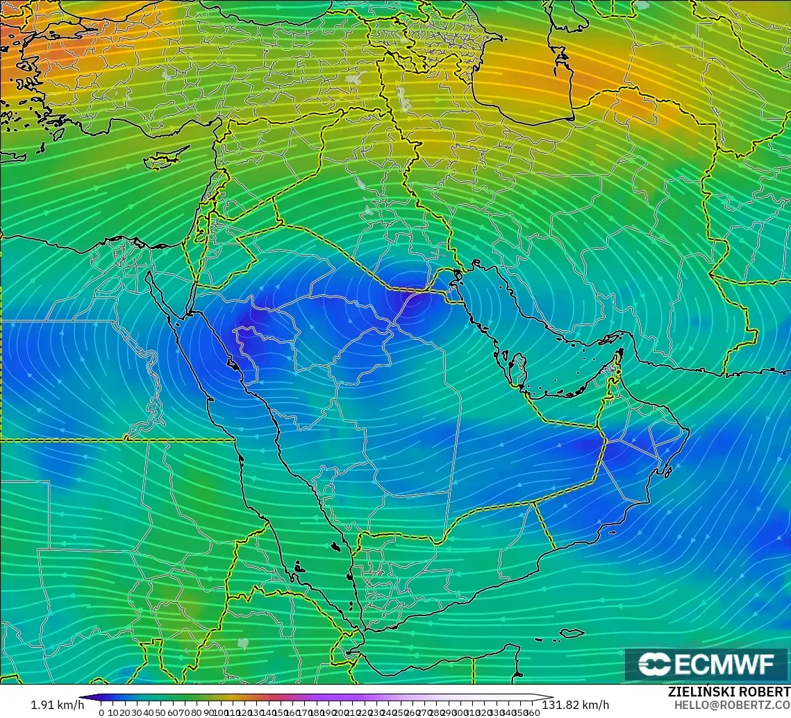 ECMWF IFS 0.25° modelo - Oriente Medio, Viento a 300 hPa (corriente en chorro)