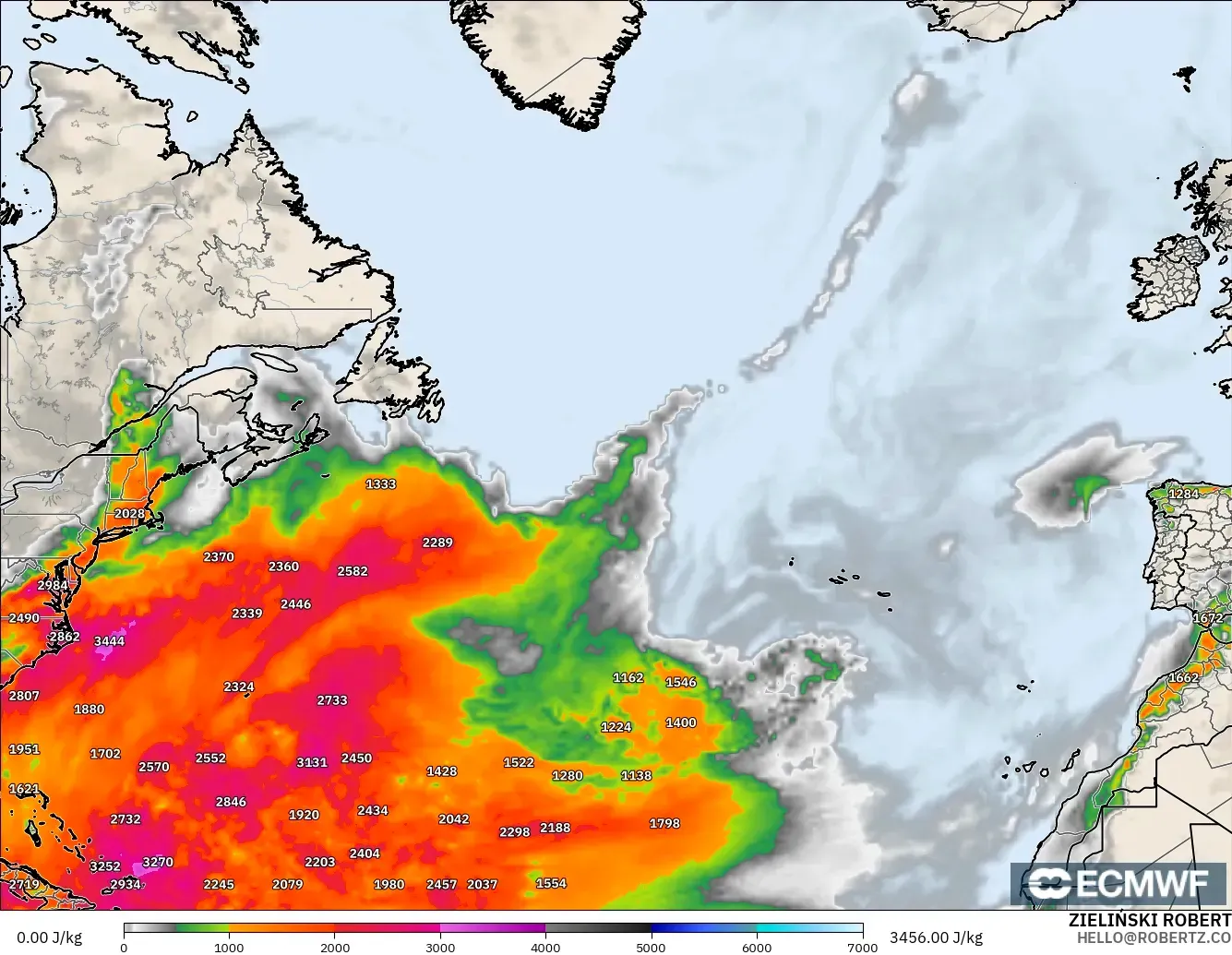 ECMWF IFS 0.25° modelo - Norte Atlántico, CAPE