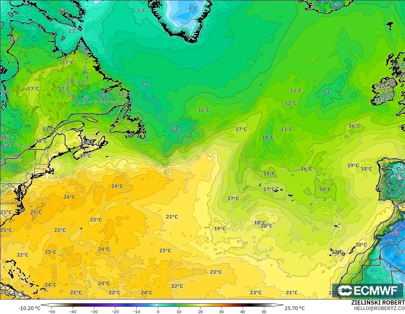 ECMWF IFS 0.25° modelo - Norte Atlántico, Punto de rocío a 2 m