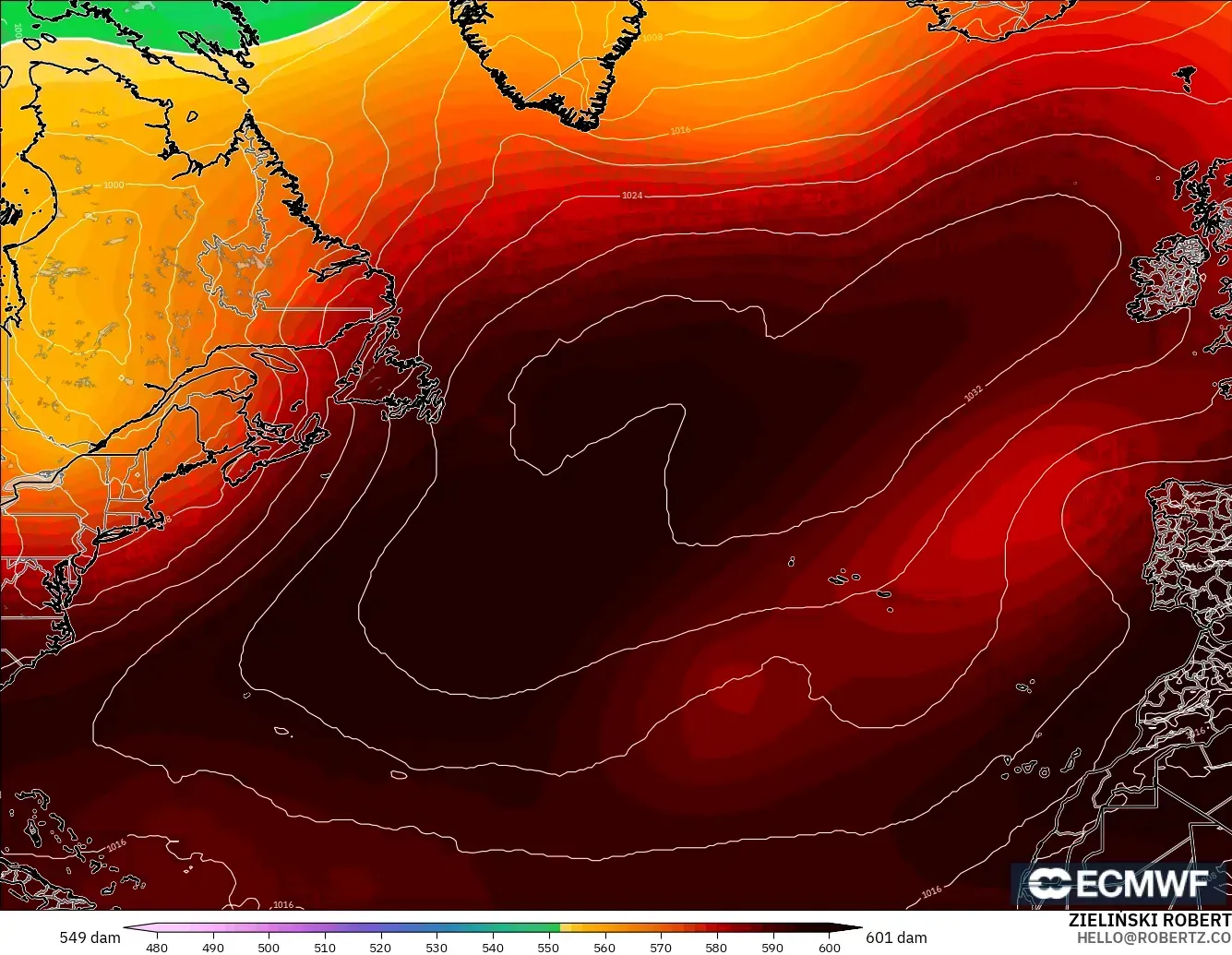 ECMWF IFS 0.25° modelo - Norte Atlántico, Altura geopotencial a 500 hPa