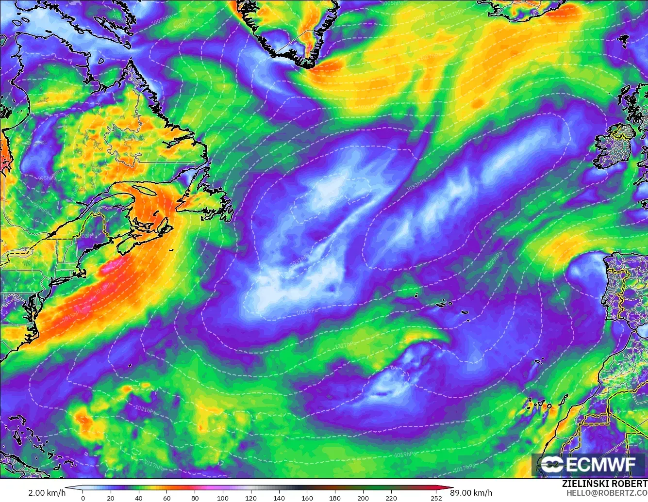 ECMWF IFS 0.25° modelo - Norte Atlántico, Ráfagas de viento