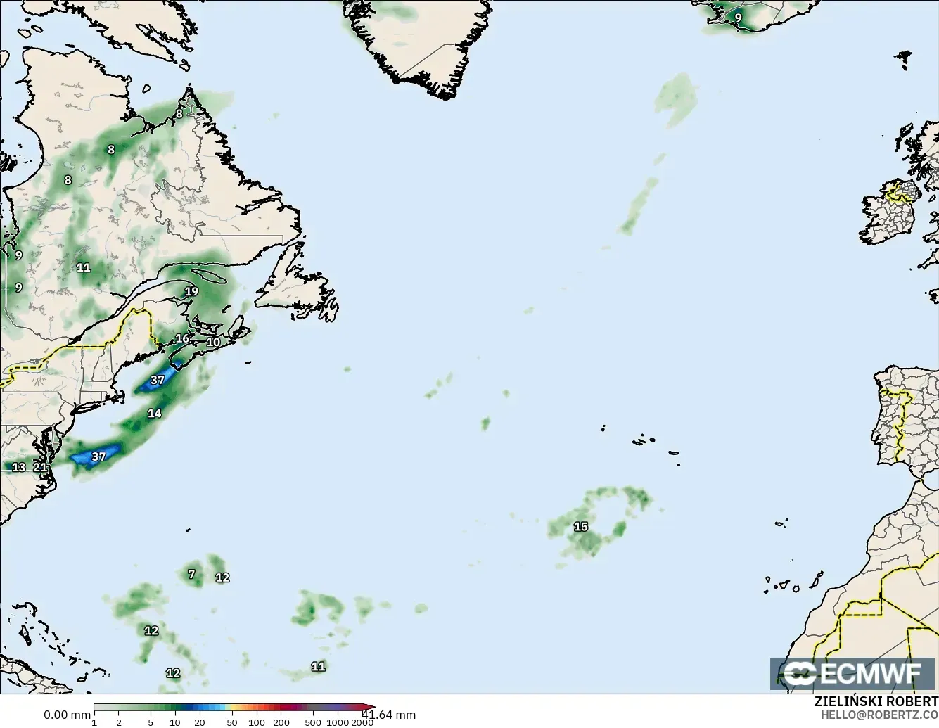 ECMWF IFS 0.25° modelo - Norte Atlántico, Acumulación de precipitación