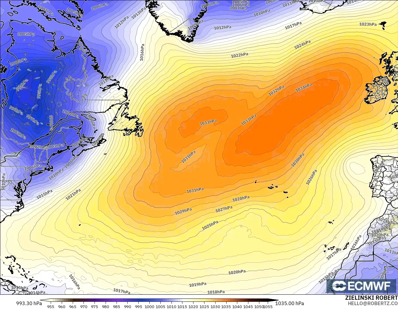 ECMWF IFS 0.25° modelo - Norte Atlántico, Presión