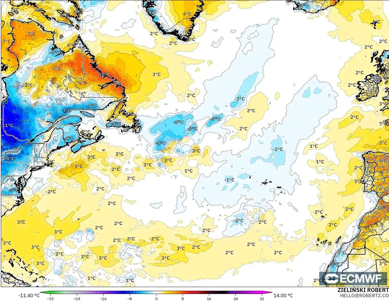 ECMWF IFS 0.25° modelo - Norte Atlántico, Anomalía de temperatura a 2 m