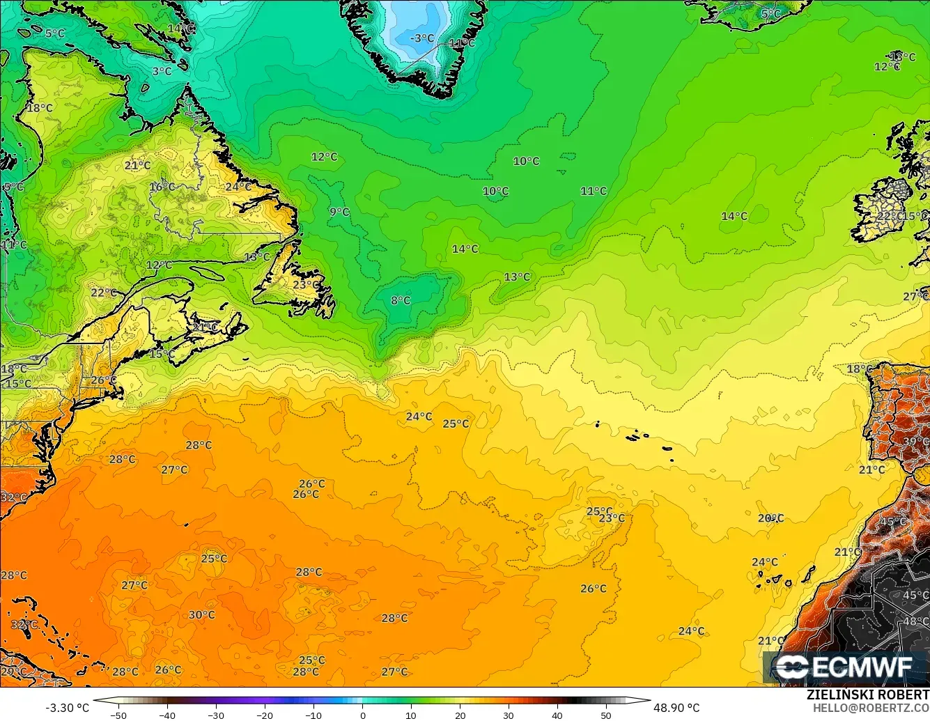 ECMWF IFS 0.25° modelo - Norte Atlántico, Temperatura a 2 m