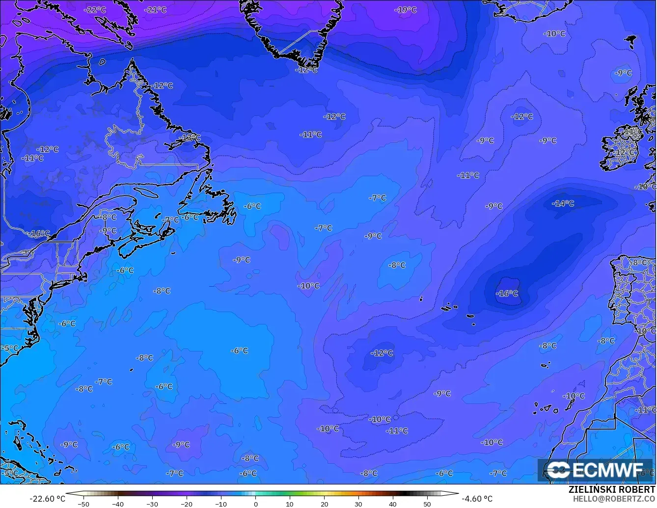 ECMWF IFS 0.25° modelo - Norte Atlántico, Temperatura a 500 hPa