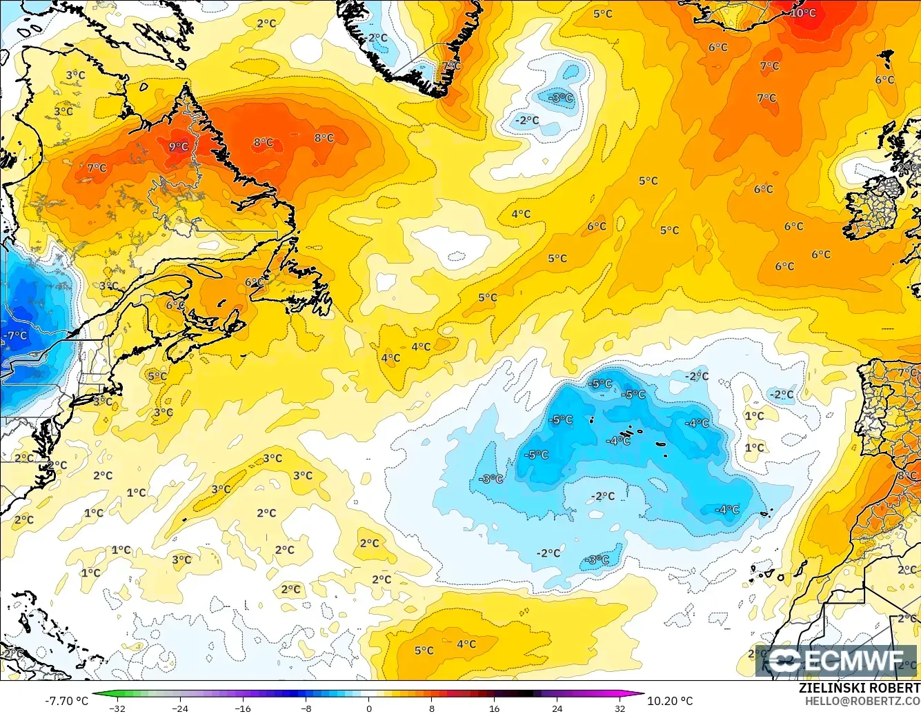 ECMWF IFS 0.25° modelo - Norte Atlántico, Anomalía de temperatura a 850 hPa