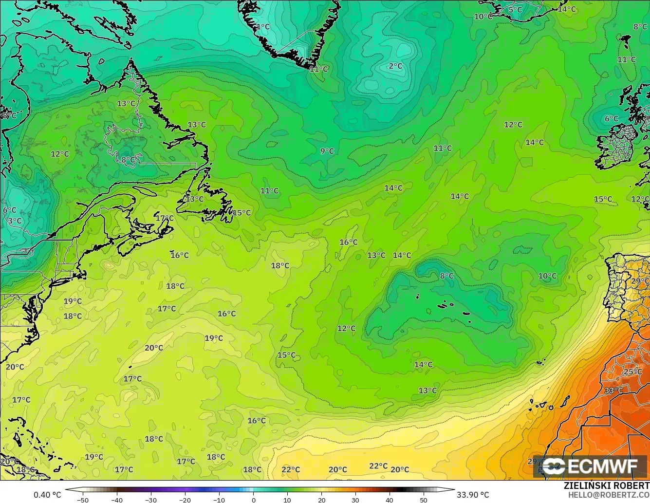 ECMWF IFS 0.25° modelo - Norte Atlántico, Temperatura a 850 hPa