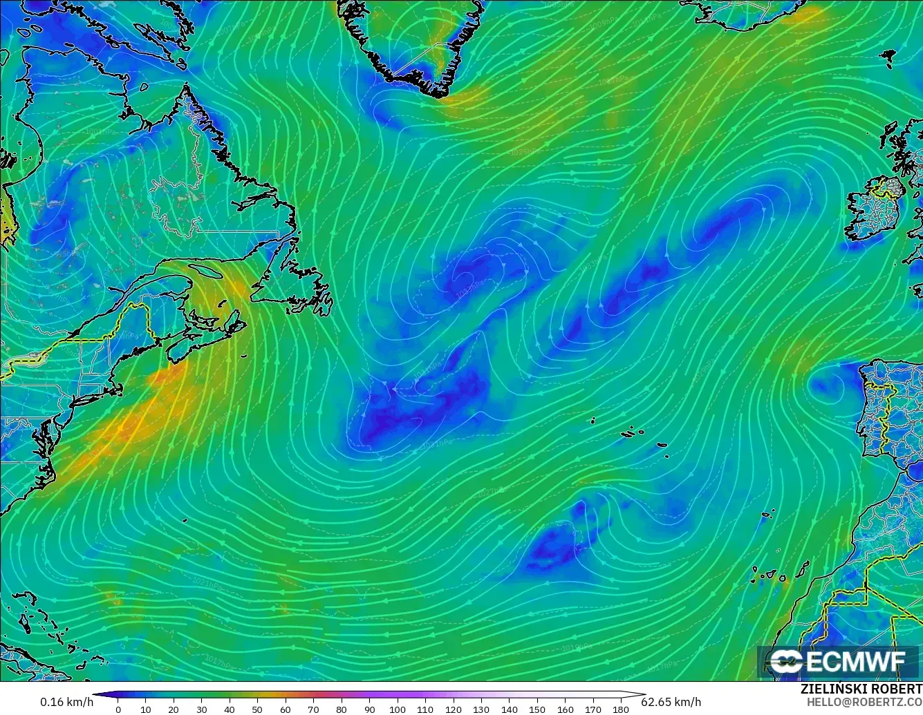 ECMWF IFS 0.25° modelo - Norte Atlántico, Viento a 10 m