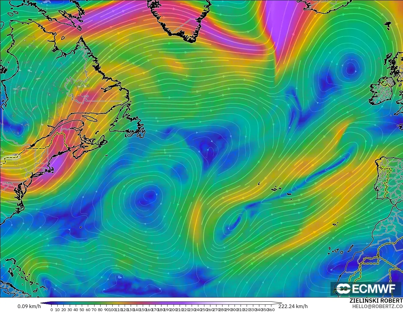 ECMWF IFS 0.25° modelo - Norte Atlántico, Viento a 300 hPa (corriente en chorro)