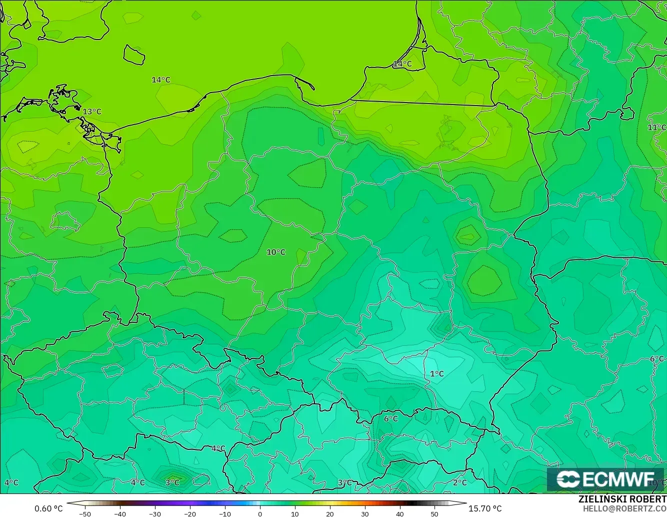 ECMWF IFS 0.25° modelo - Polonia, Punto de rocío a 2 m