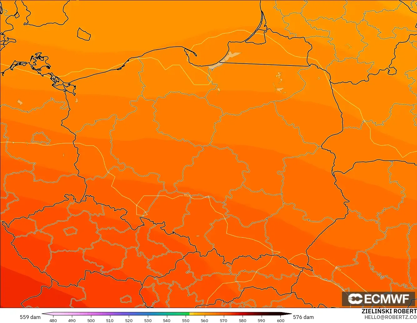ECMWF IFS 0.25° modelo - Polonia, Altura geopotencial a 500 hPa