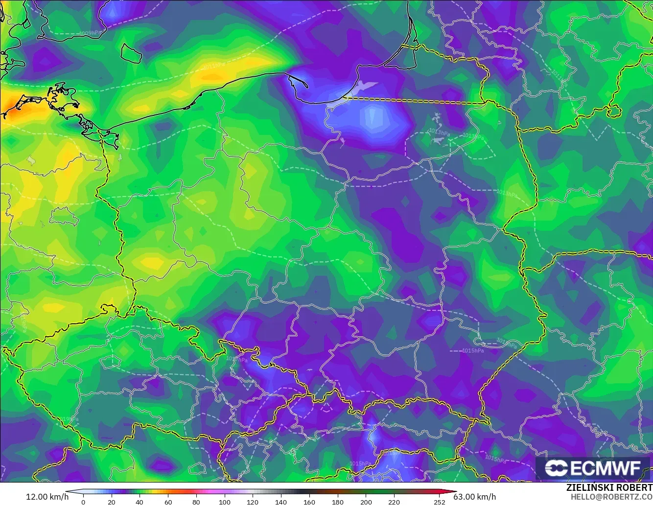 ECMWF IFS 0.25° modelo - Polonia, Ráfagas de viento