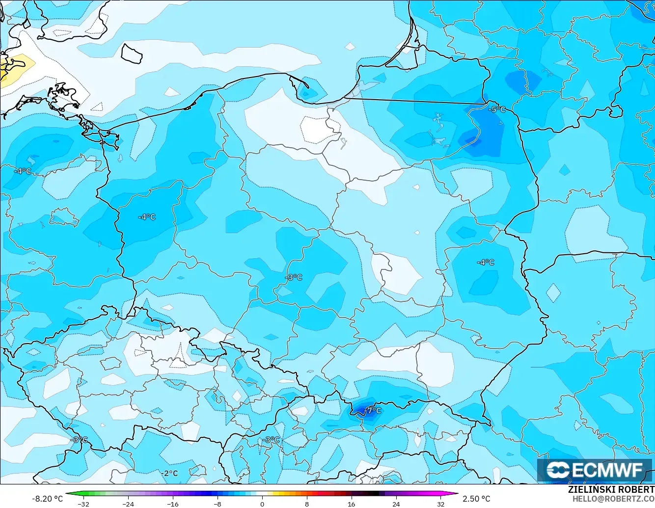ECMWF IFS 0.25° modelo - Polonia, Anomalía de temperatura a 2 m