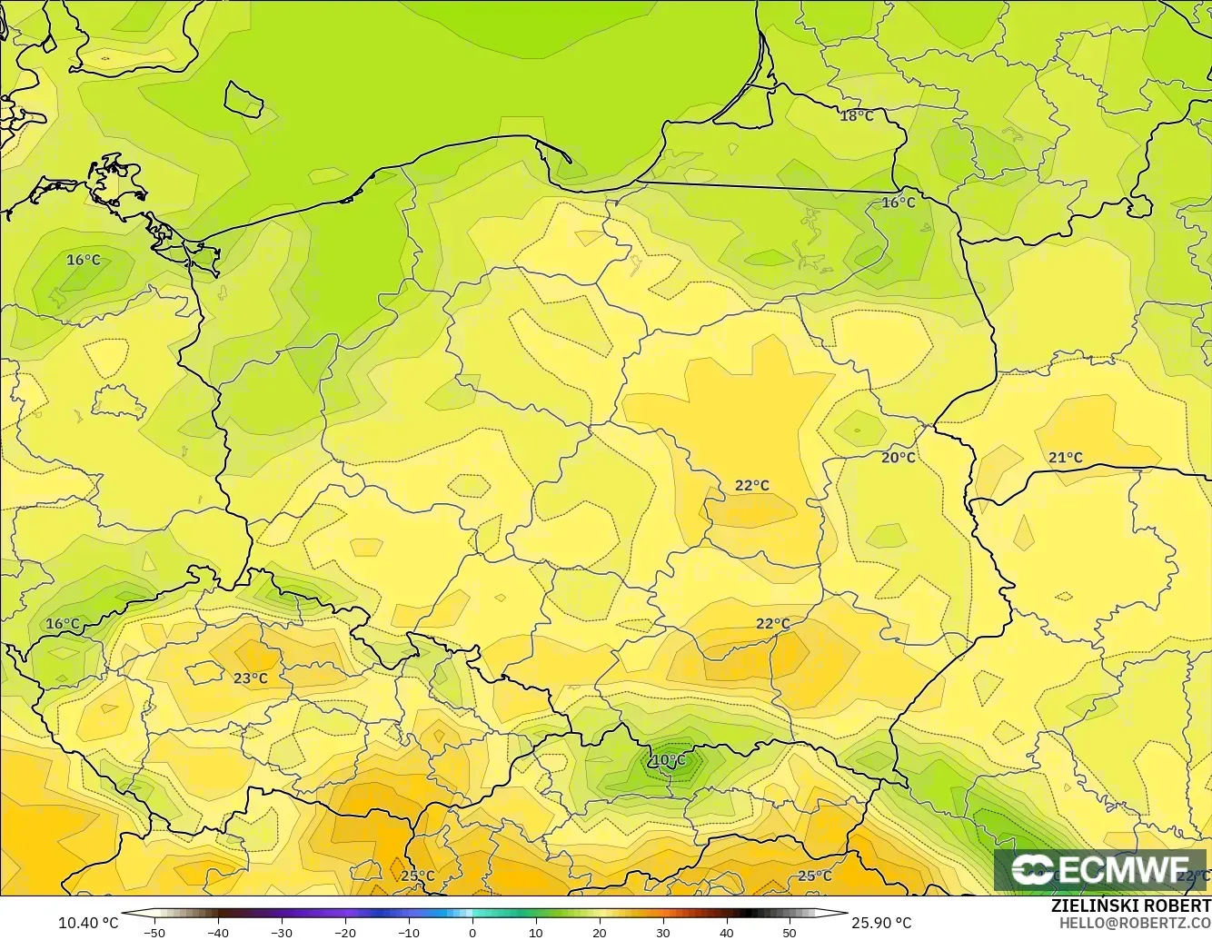 ECMWF IFS 0.25° modelo - Polonia, Temperatura a 2 m