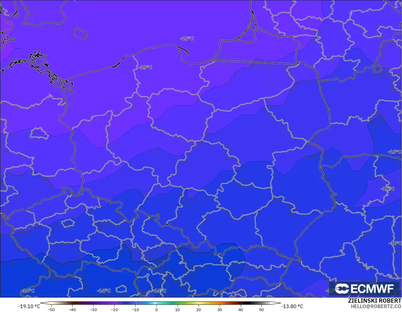 ECMWF IFS 0.25° modelo - Polonia, Temperatura a 500 hPa