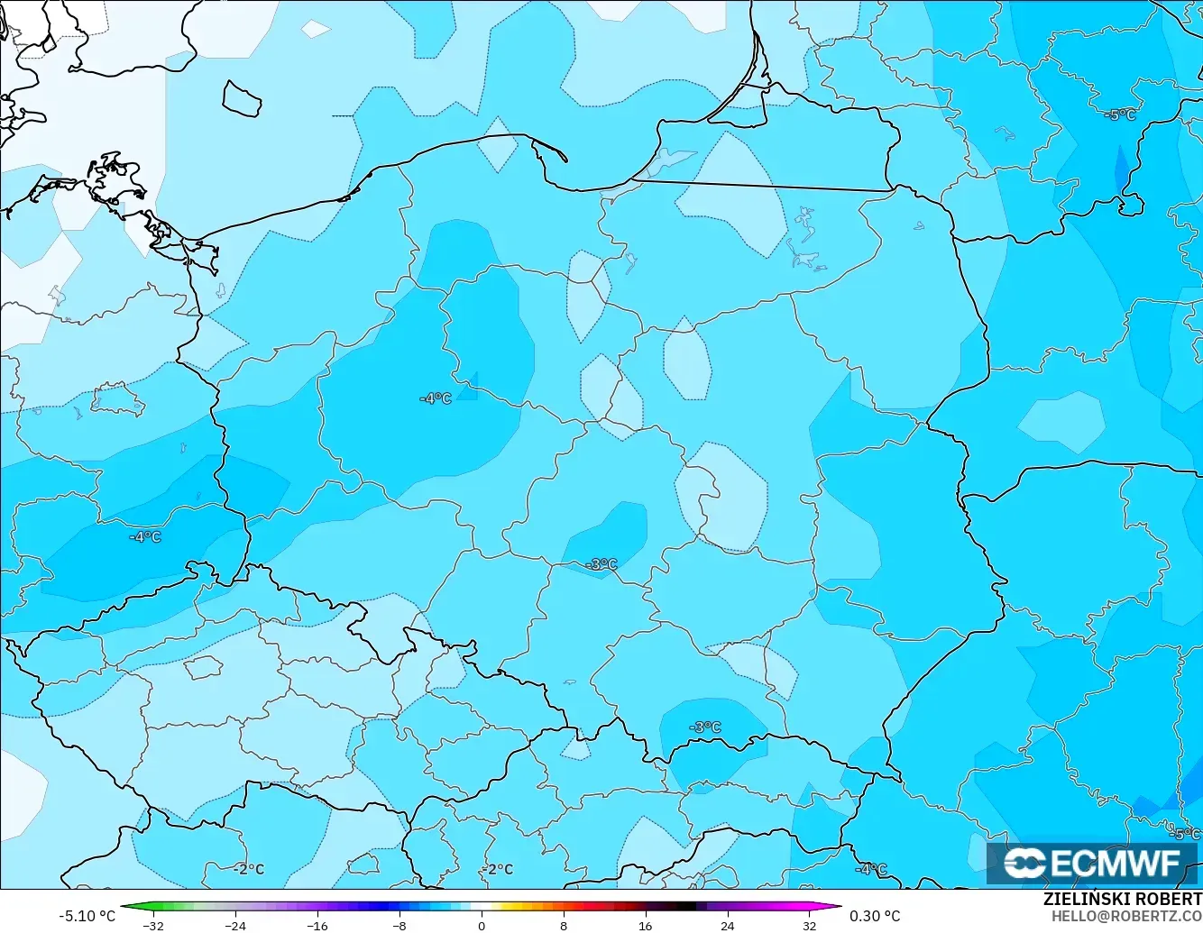 ECMWF IFS 0.25° modelo - Polonia, Anomalía de temperatura a 850 hPa