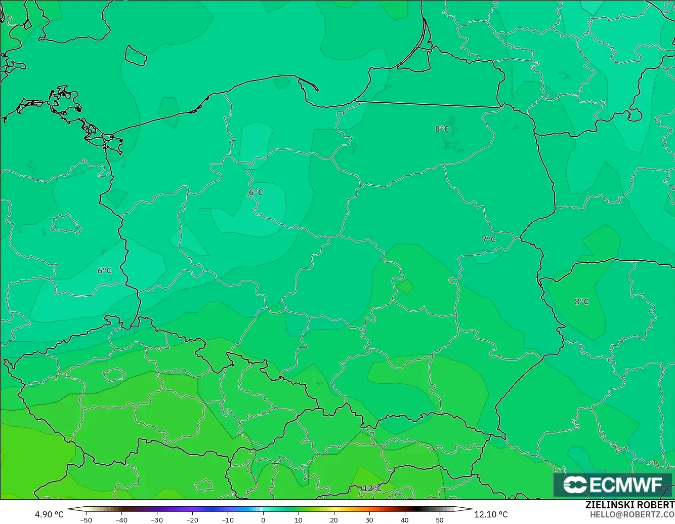 ECMWF IFS 0.25° modelo - Polonia, Temperatura a 850 hPa