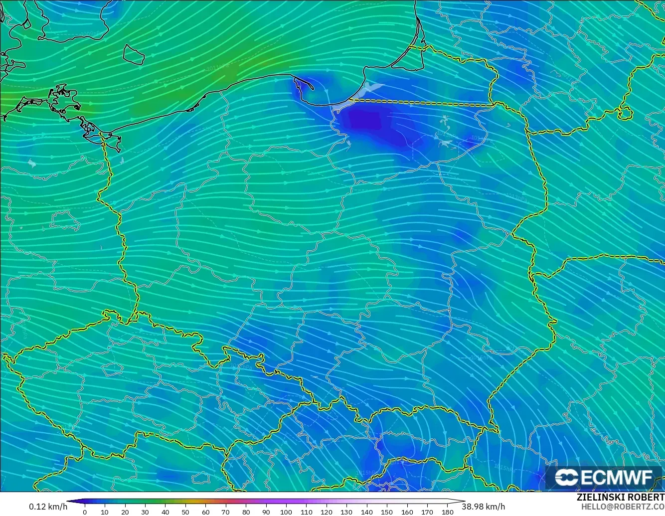 ECMWF IFS 0.25° modelo - Polonia, Viento a 10 m