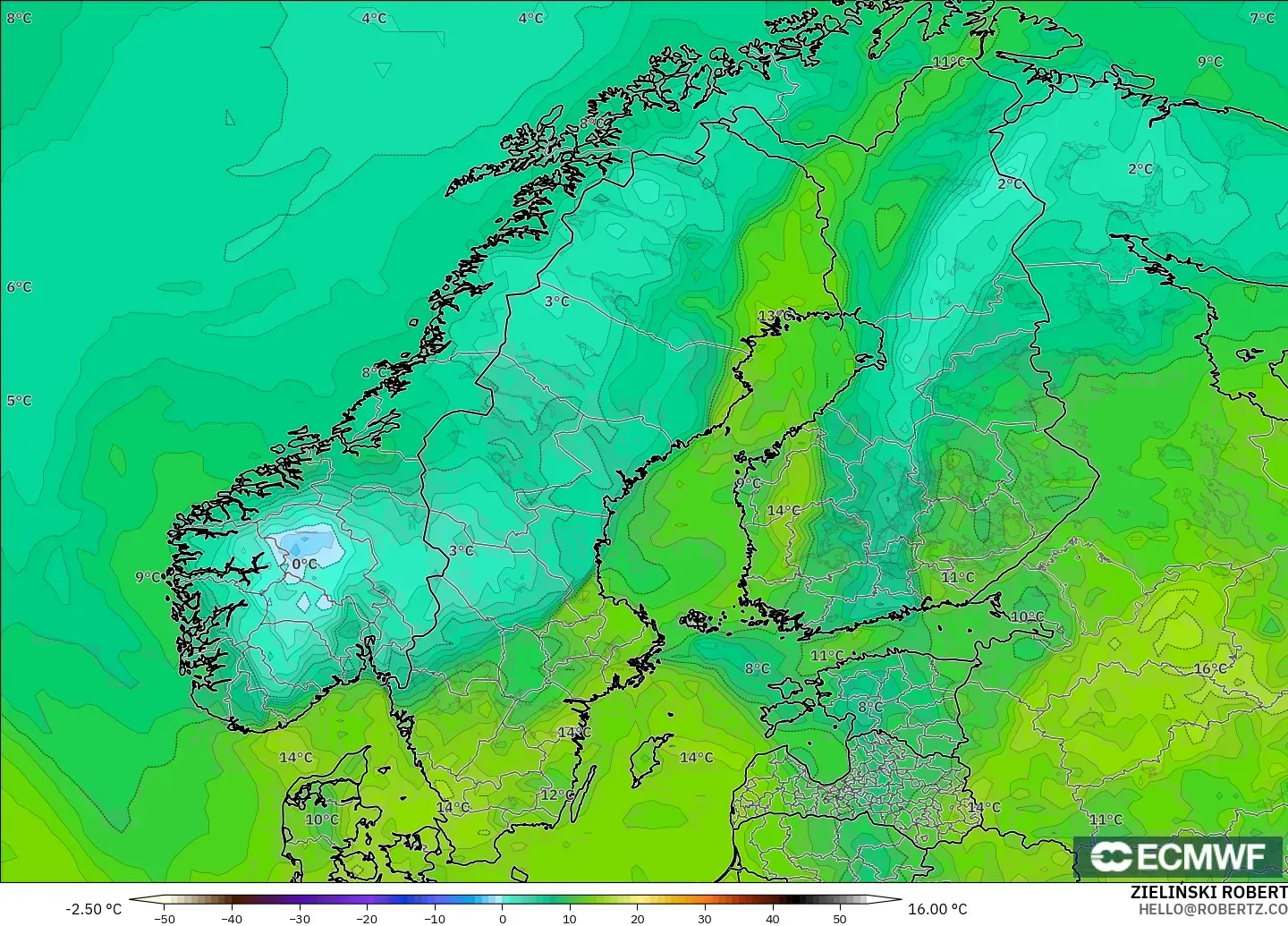 ECMWF IFS 0.25° modelo - Escandinavia, Punto de rocío a 2 m