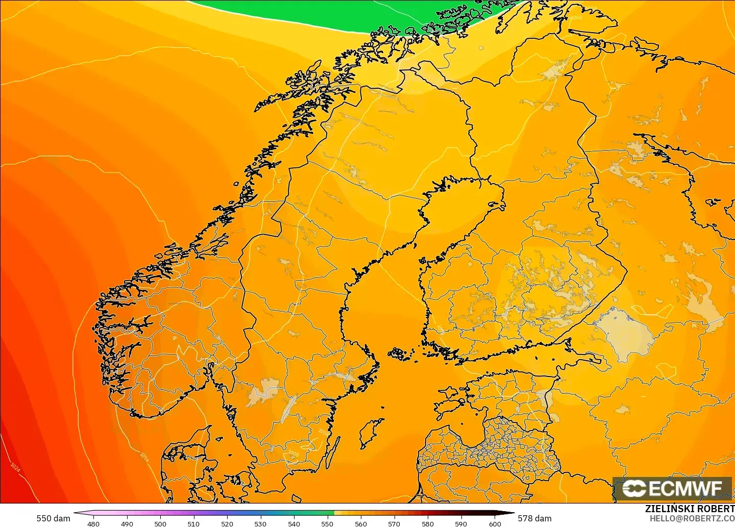 ECMWF IFS 0.25° modelo - Escandinavia, Altura geopotencial a 500 hPa