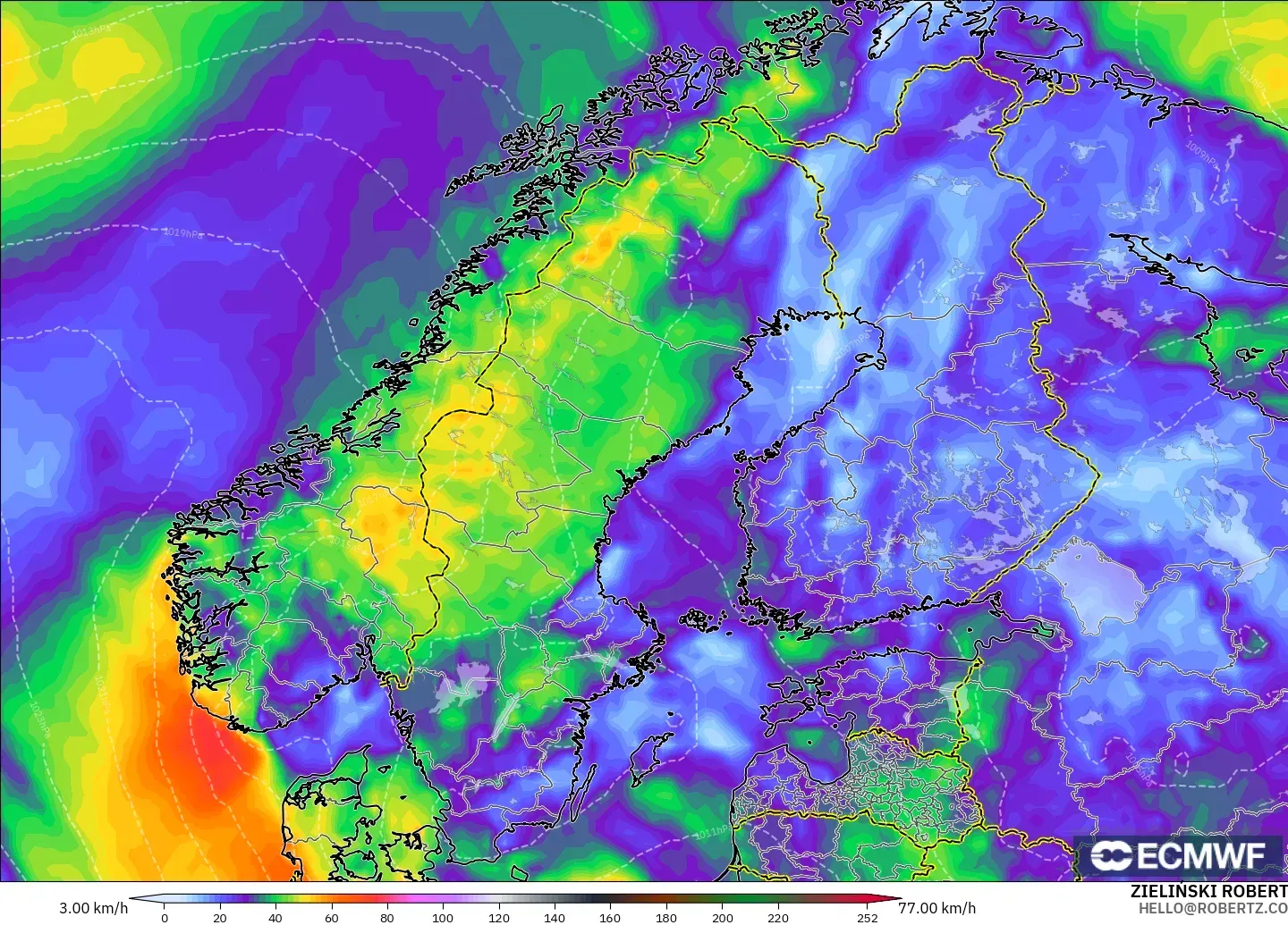 ECMWF IFS 0.25° modelo - Escandinavia, Ráfagas de Viento Máximas