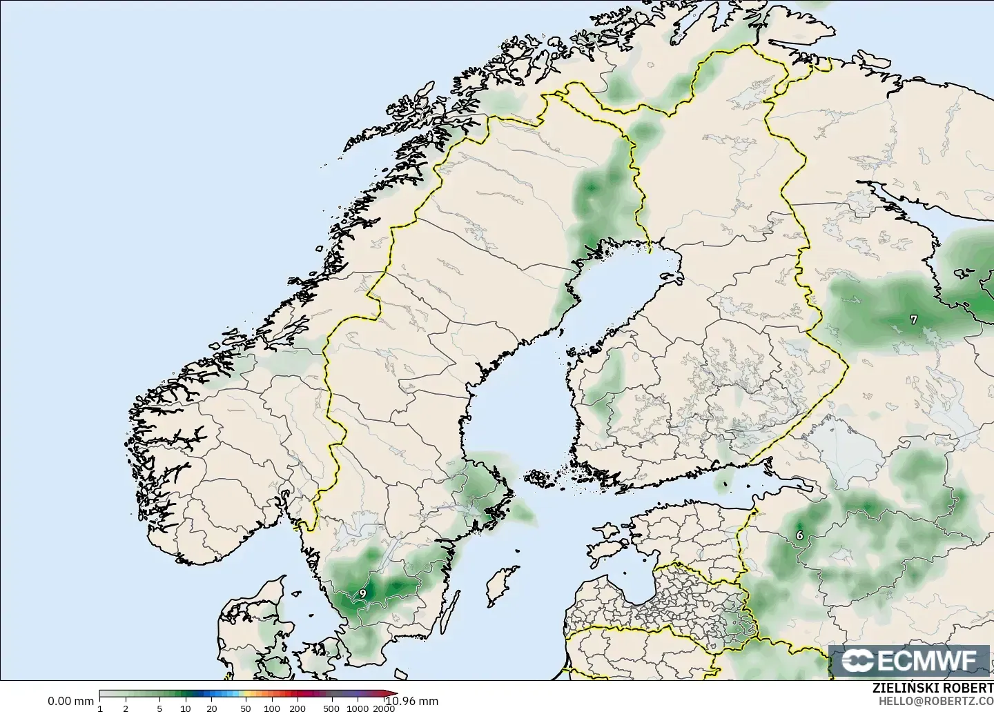 ECMWF IFS 0.25° modelo - Escandinavia, Acumulación de precipitación