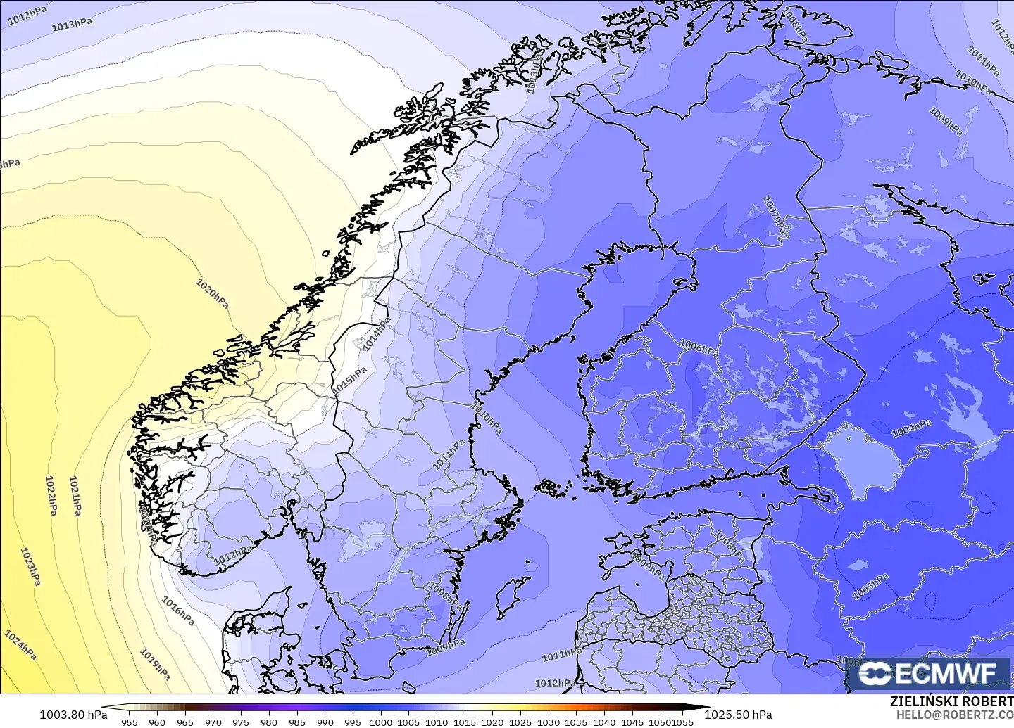ECMWF IFS 0.25° modelo - Escandinavia, Presión