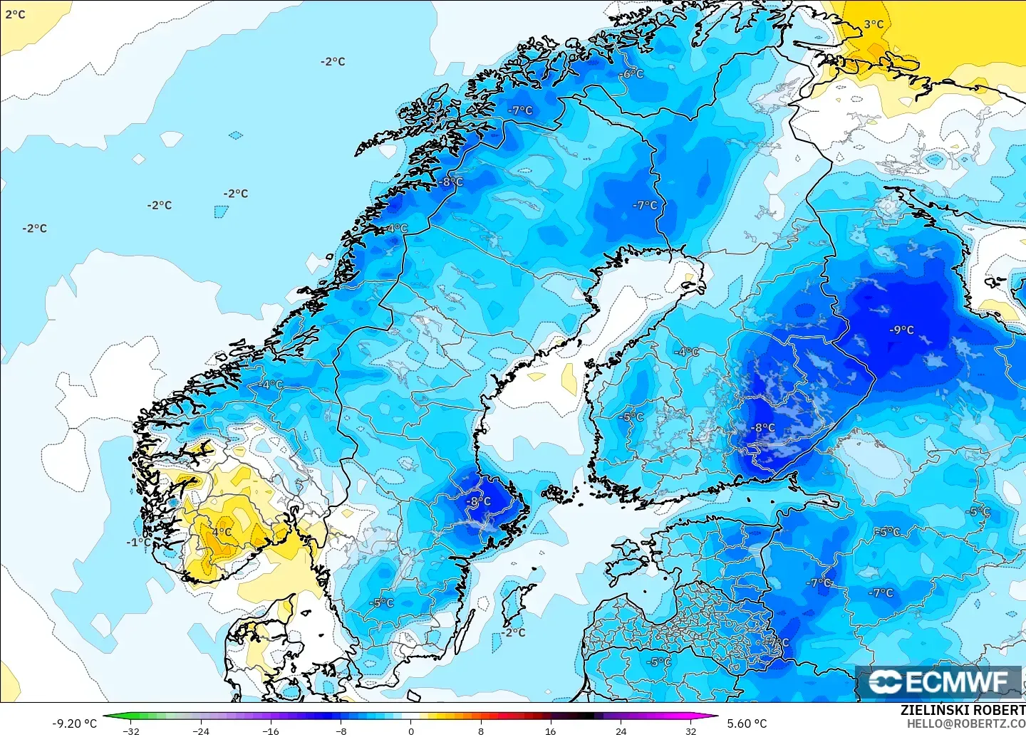 ECMWF IFS 0.25° modelo - Escandinavia, Anomalía de temperatura a 2 m