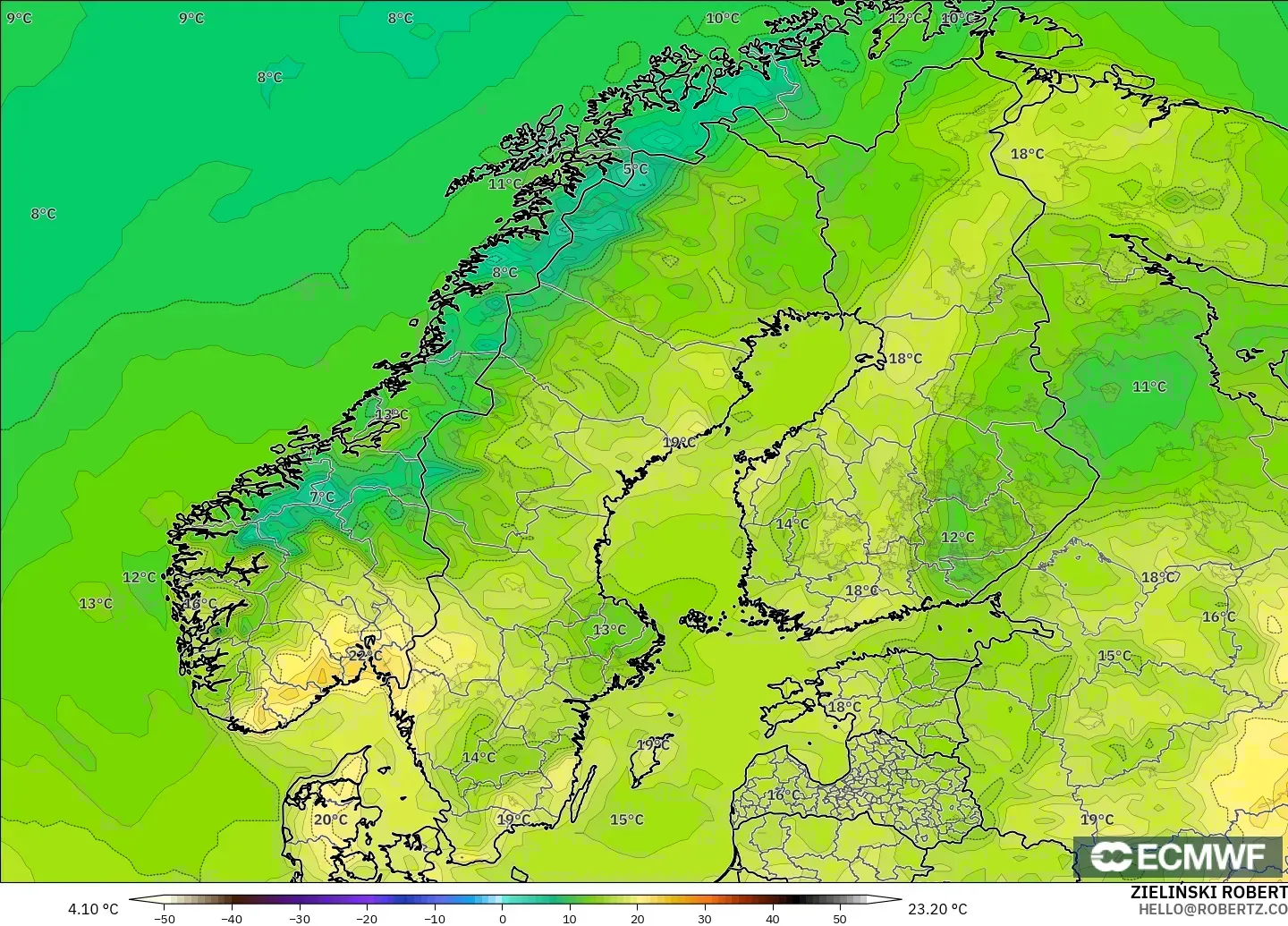 ECMWF IFS 0.25° modelo - Escandinavia, Temperatura a 2 m