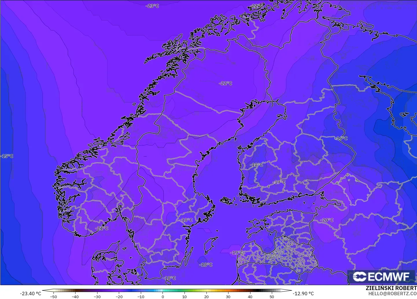 ECMWF IFS 0.25° modelo - Escandinavia, Temperatura a 500 hPa