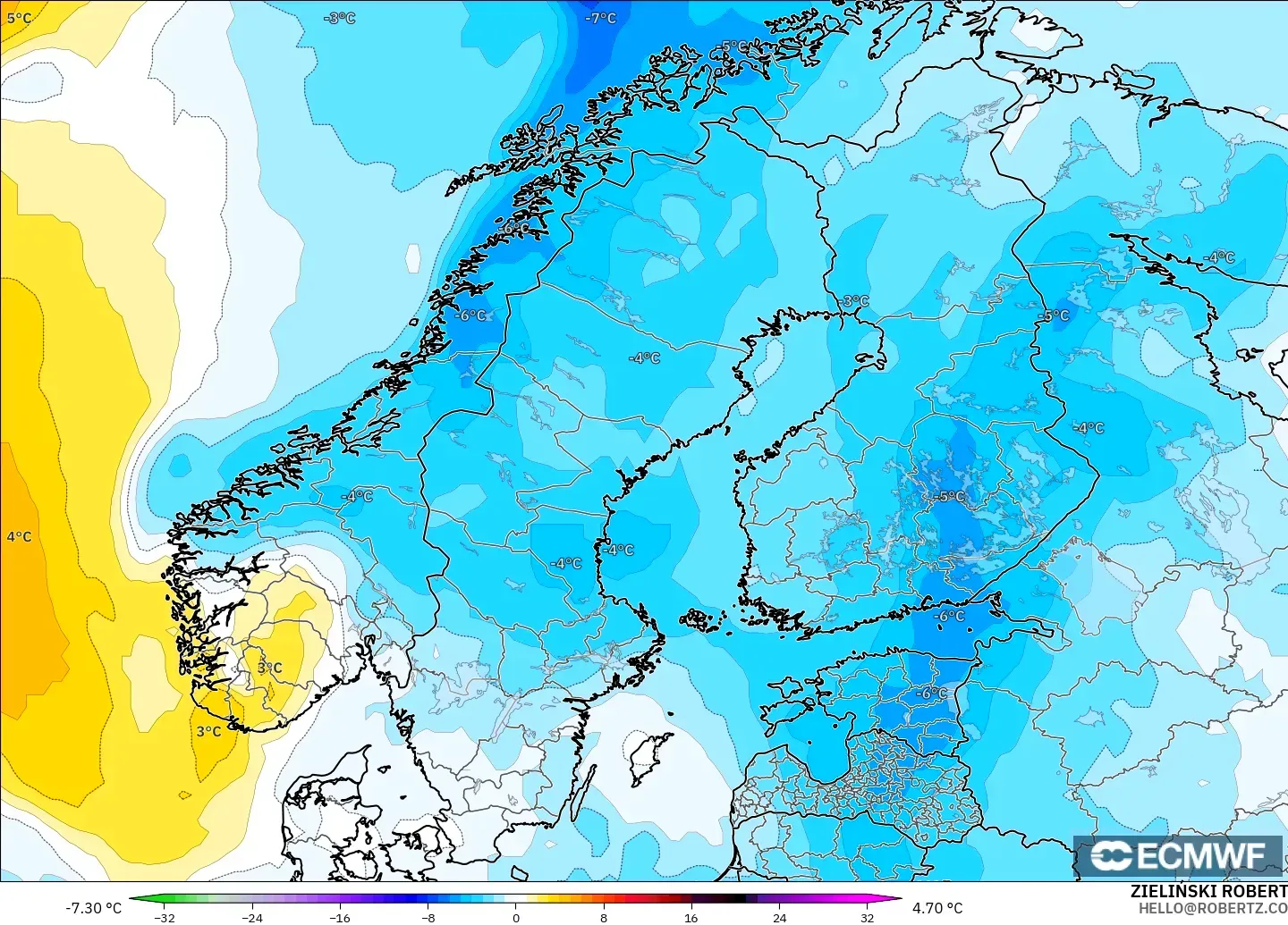 ECMWF IFS 0.25° modelo - Escandinavia, Anomalía de temperatura a 850 hPa