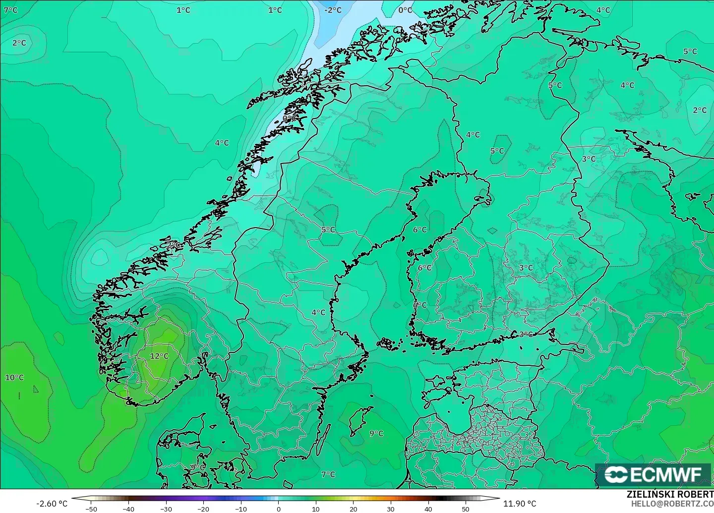ECMWF IFS 0.25° modelo - Escandinavia, Temperatura a 850 hPa
