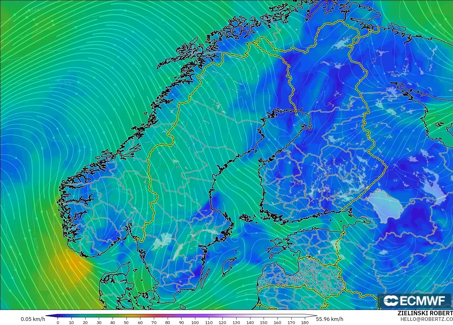 ECMWF IFS 0.25° modelo - Escandinavia, Viento a 10 m