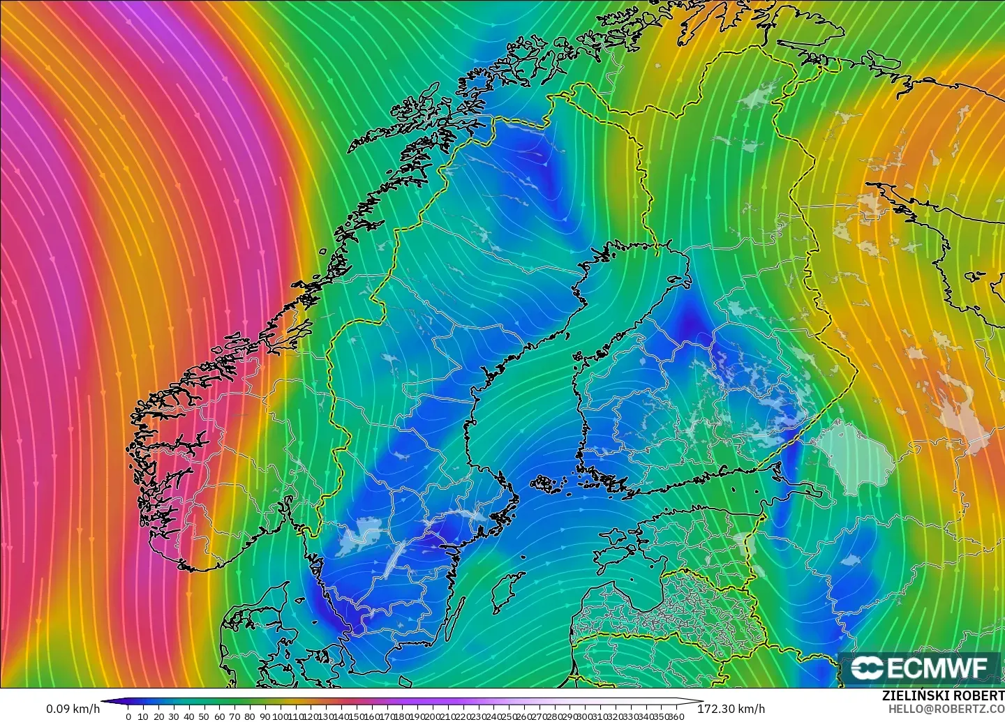 ECMWF IFS 0.25° modelo - Escandinavia, Viento a 300 hPa (corriente en chorro)