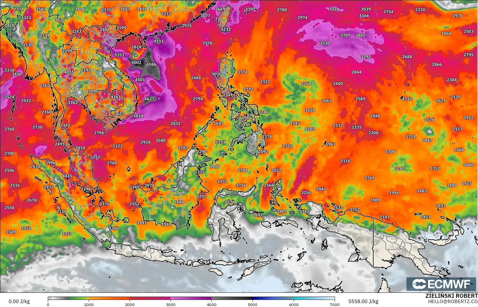 ECMWF IFS 0.25° modelo - Sudeste Asiático, CAPE