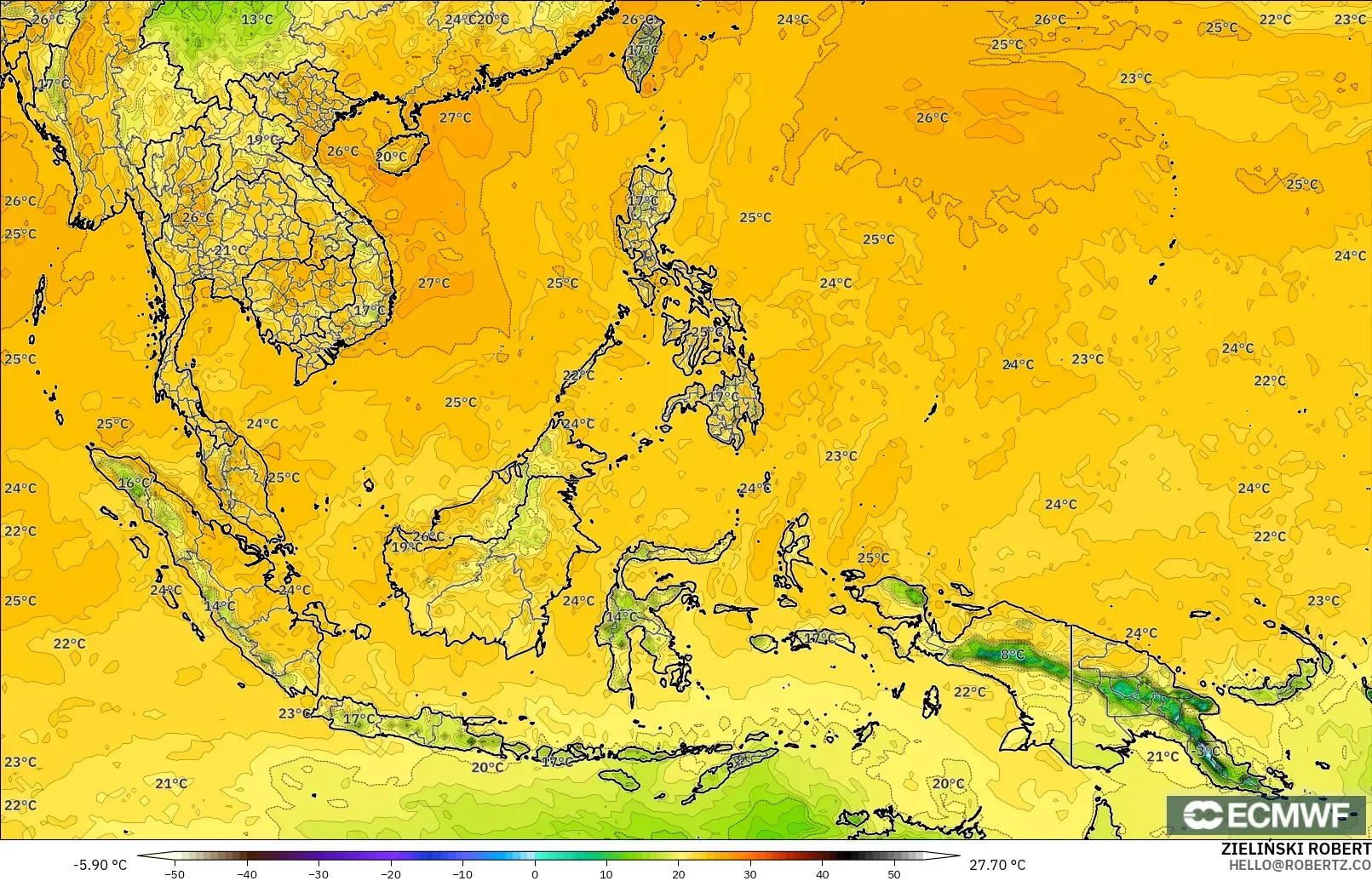 ECMWF IFS 0.25° modelo - Sudeste Asiático, Punto de rocío a 2 m