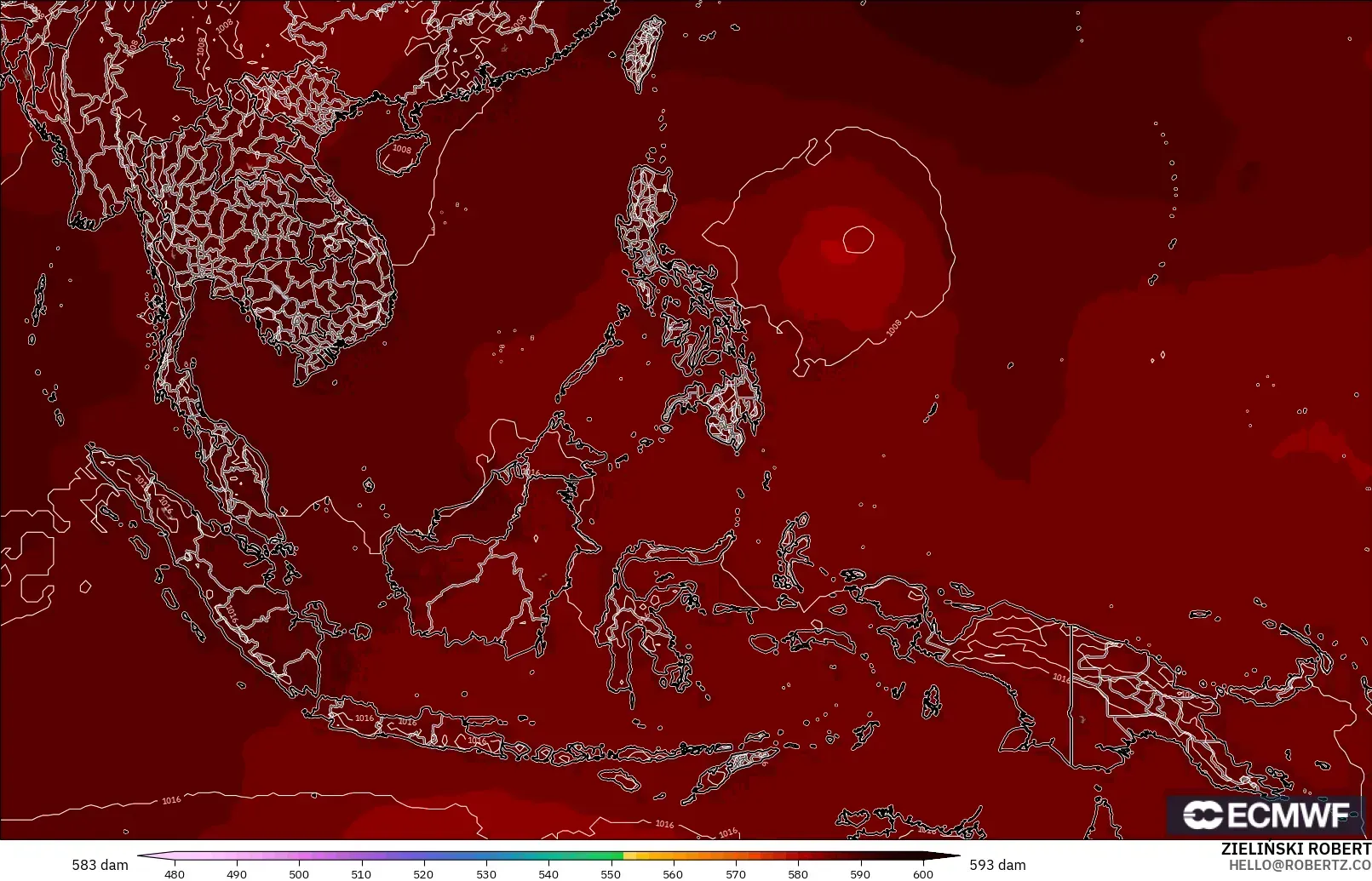 ECMWF IFS 0.25° modelo - Sudeste Asiático, Altura geopotencial a 500 hPa