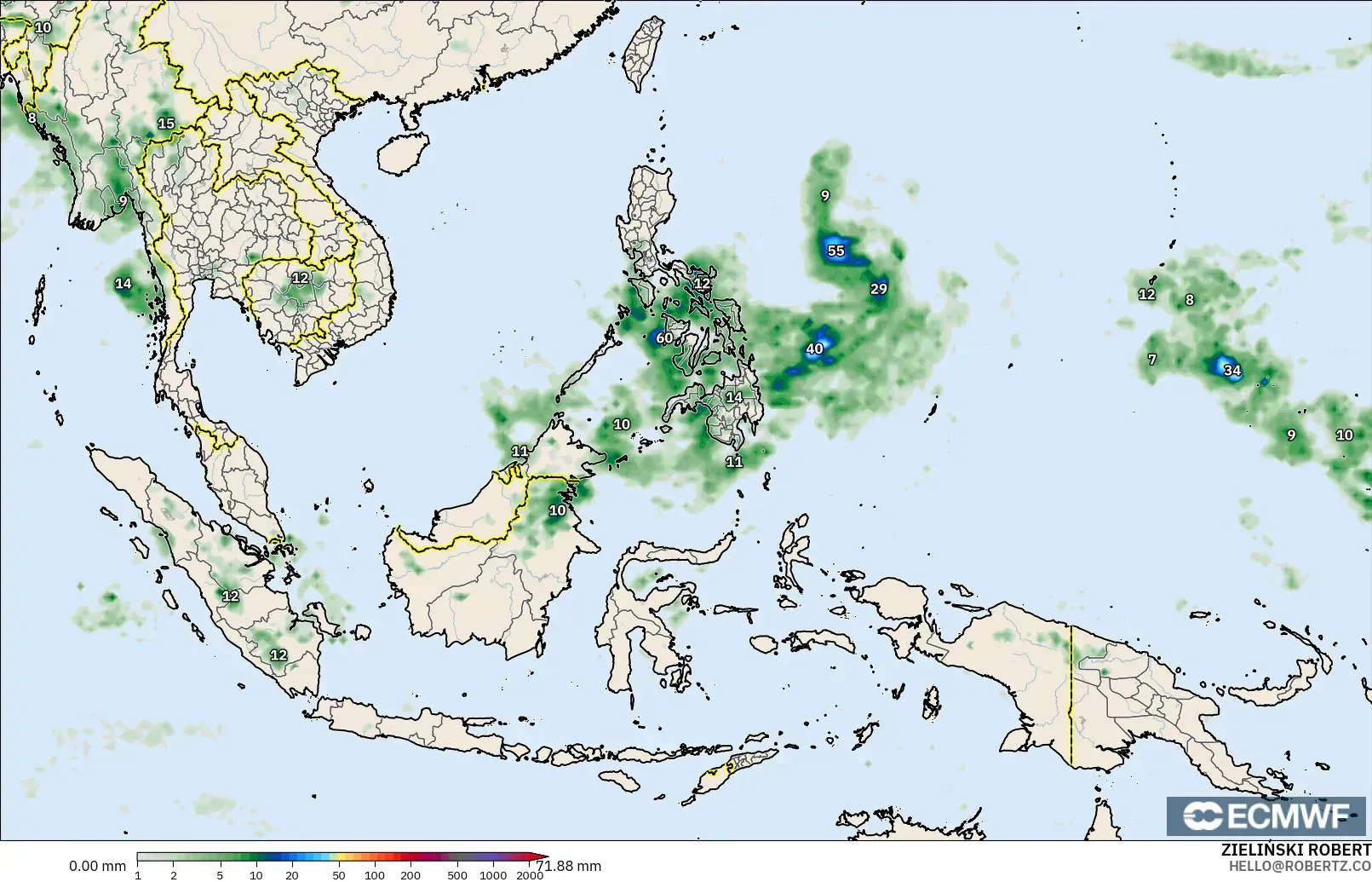 ECMWF IFS 0.25° modelo - Sudeste Asiático, Acumulación de precipitación