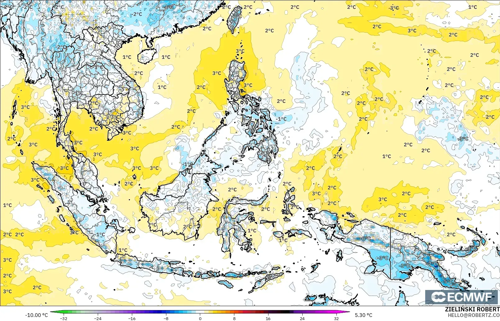 ECMWF IFS 0.25° modelo - Sudeste Asiático, Anomalía de temperatura a 2 m