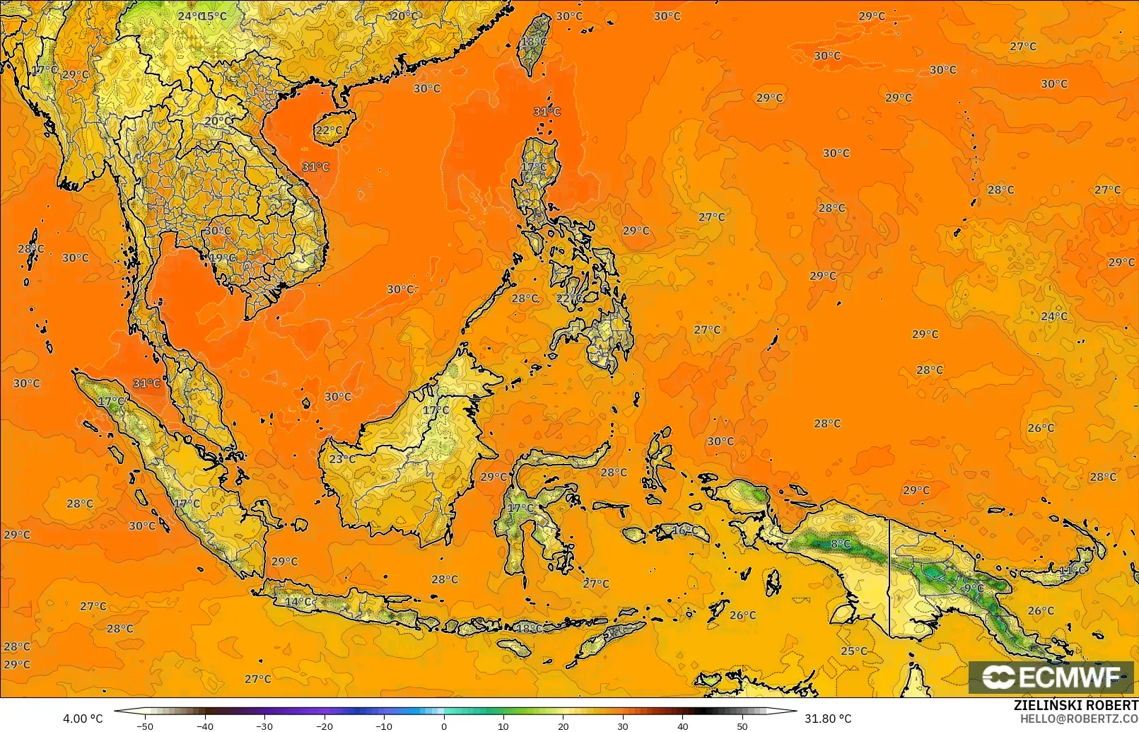 ECMWF IFS 0.25° modelo - Sudeste Asiático, Temperatura a 2 m