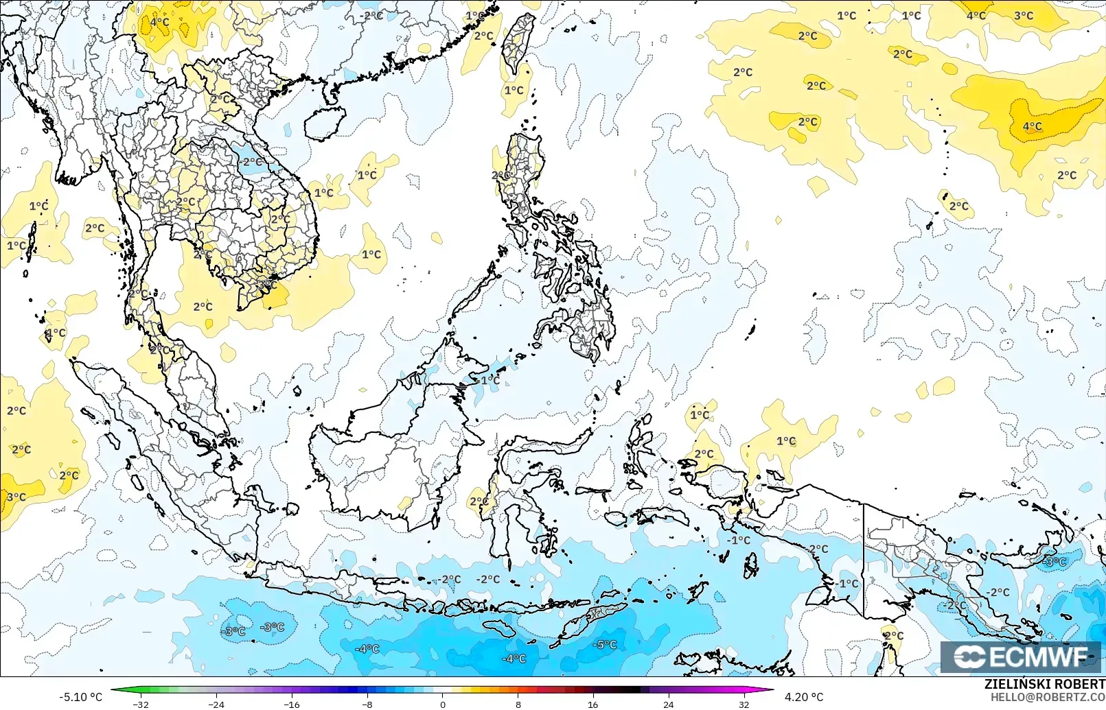 ECMWF IFS 0.25° modelo - Sudeste Asiático, Anomalía de temperatura a 850 hPa
