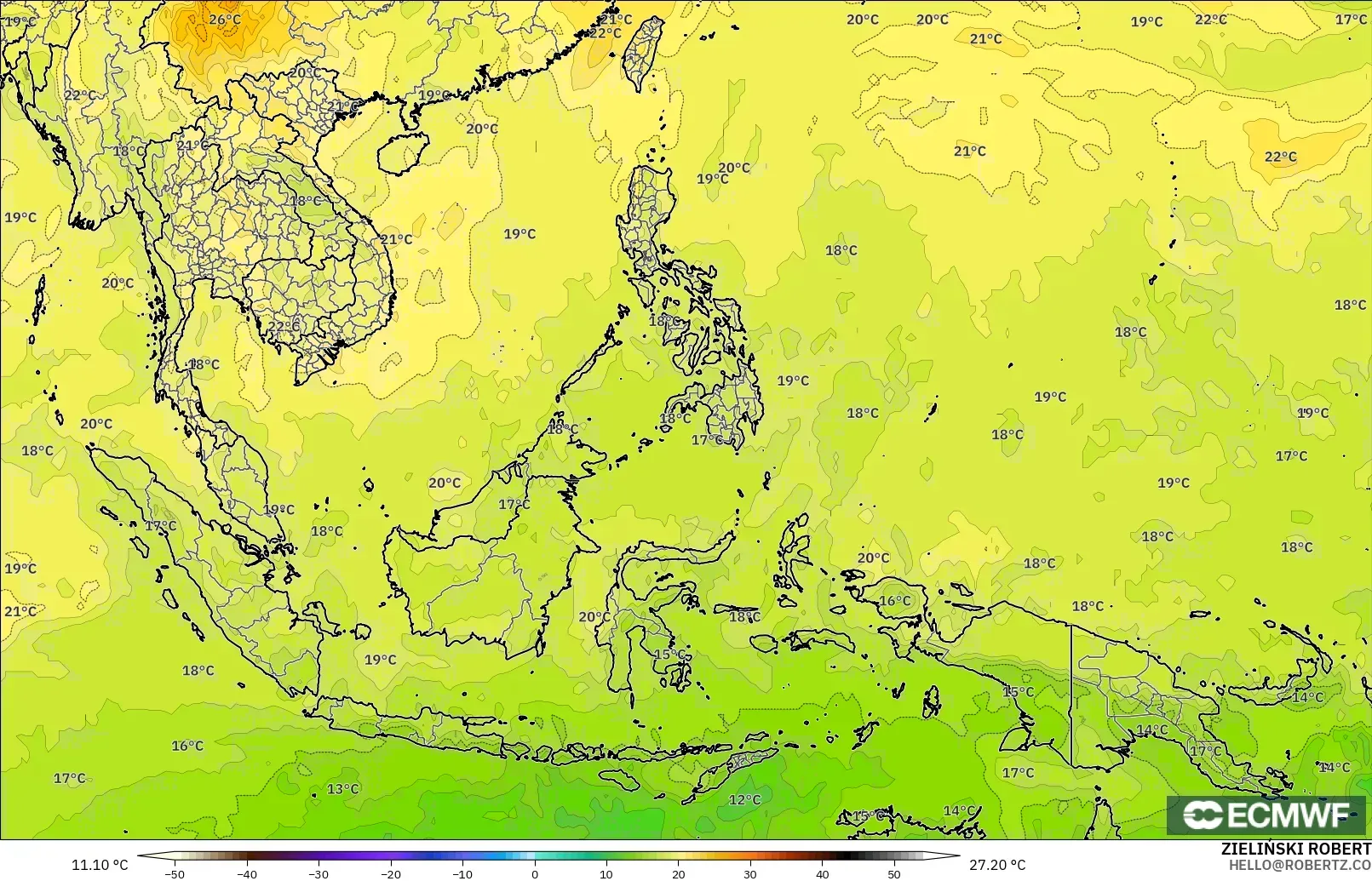 ECMWF IFS 0.25° modelo - Sudeste Asiático, Temperatura a 850 hPa
